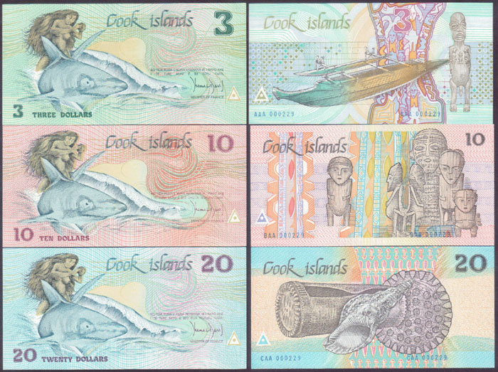 1987 Cook Island Set of $3, $10, $20 (Same Serial) Unc L001864